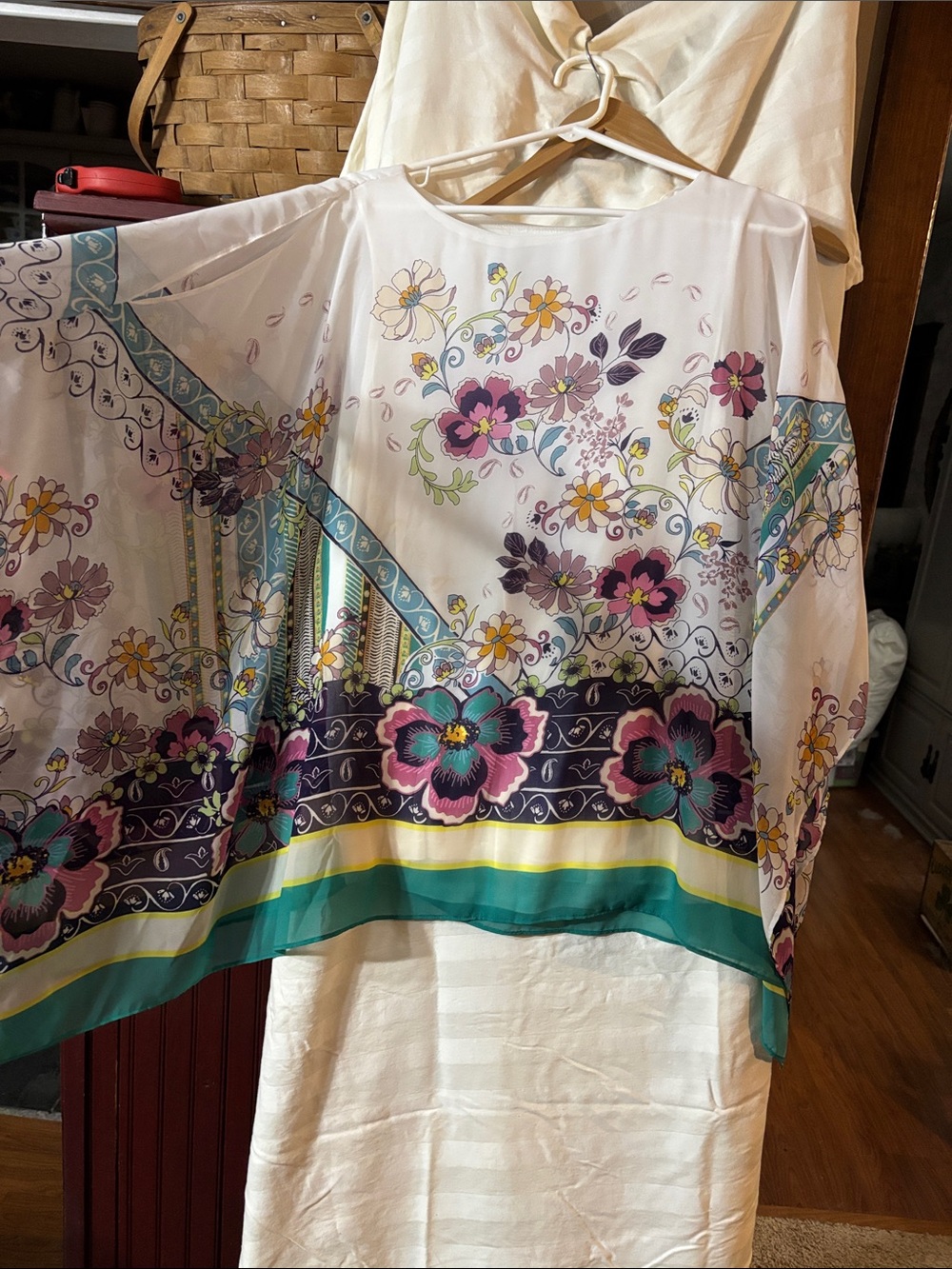 White Floral Sheer Tunic with Teal & Purple Accents - Cold Shoulder